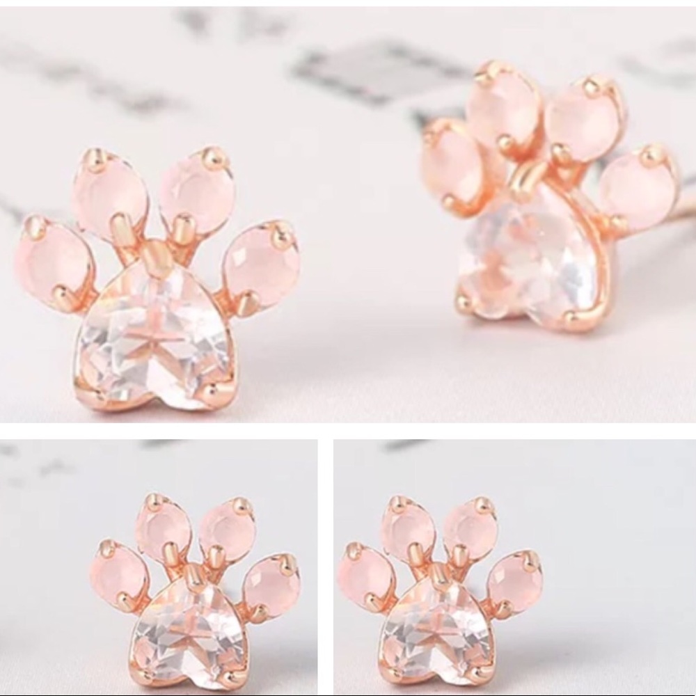 100% Rose quartz and Zirconia paw print earrings.